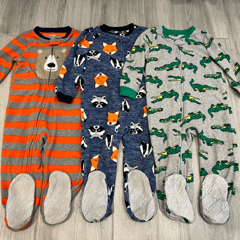 Toddler Boy Fleece Footie PJs, Zip Up Fleece Footie Pajamas size 3T, Bundle of 3